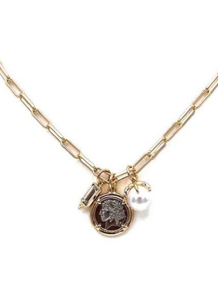 Coin And Pearl Charm Necklace