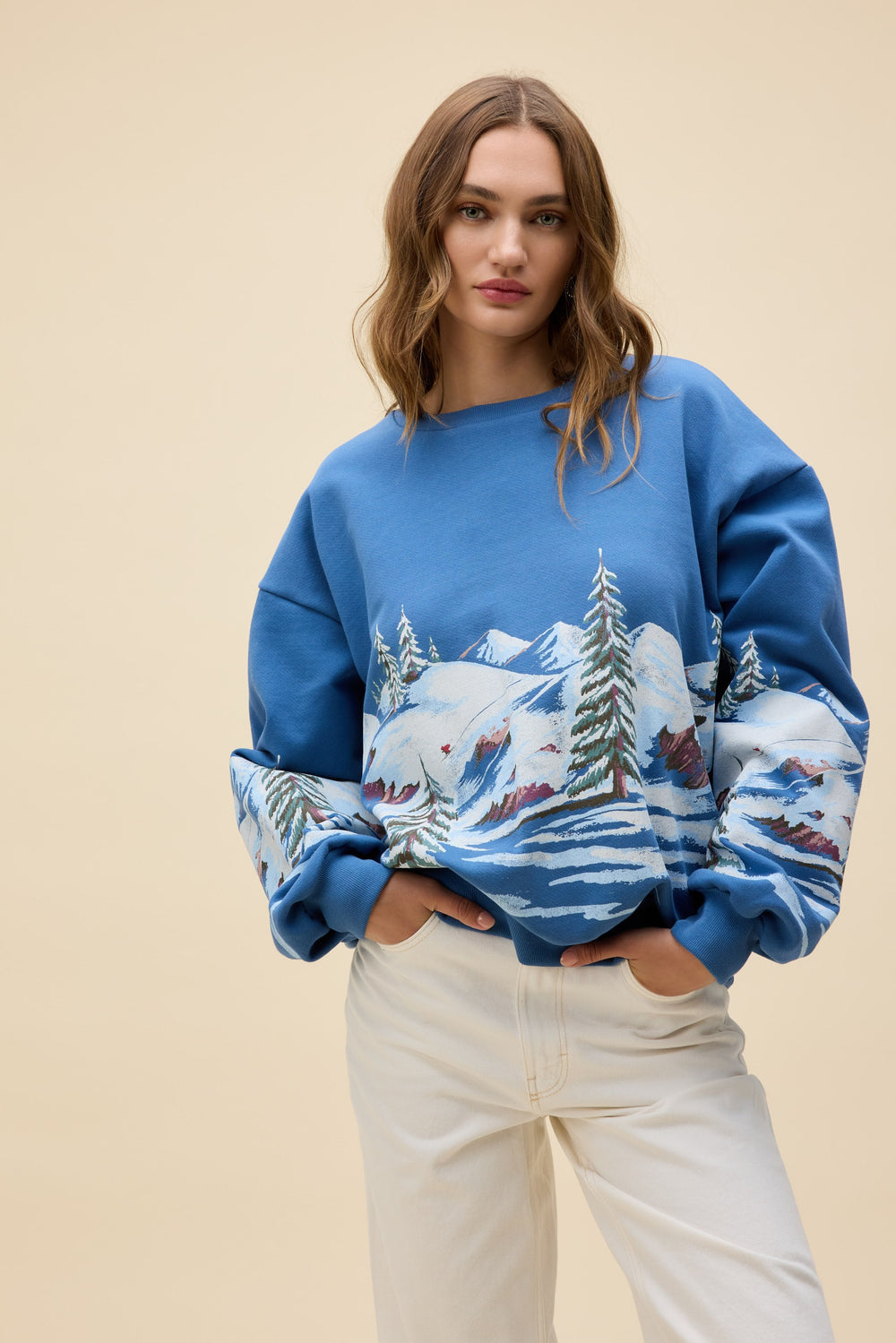 Alpine Ski Scene Oversized Crew Sweatshirt