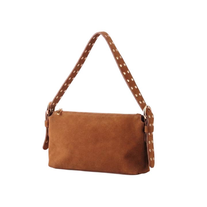 Suede Leather Shoulder Bag W/Studded Strap